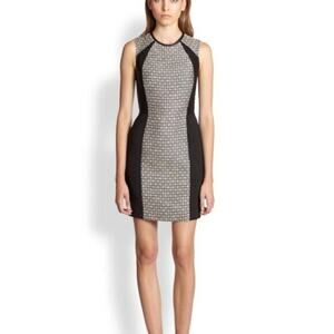 Cut25 Yigal Azrouel Sheath Tweed Dress Black Leather Trim Sleeveless Cre…